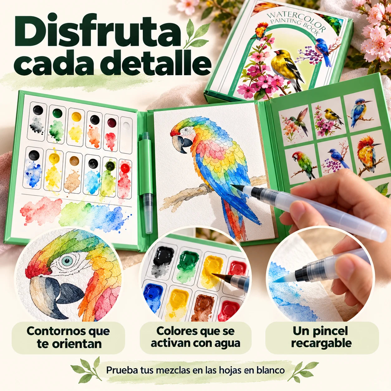 Detalles de las láminas, colores y pincel con depósito