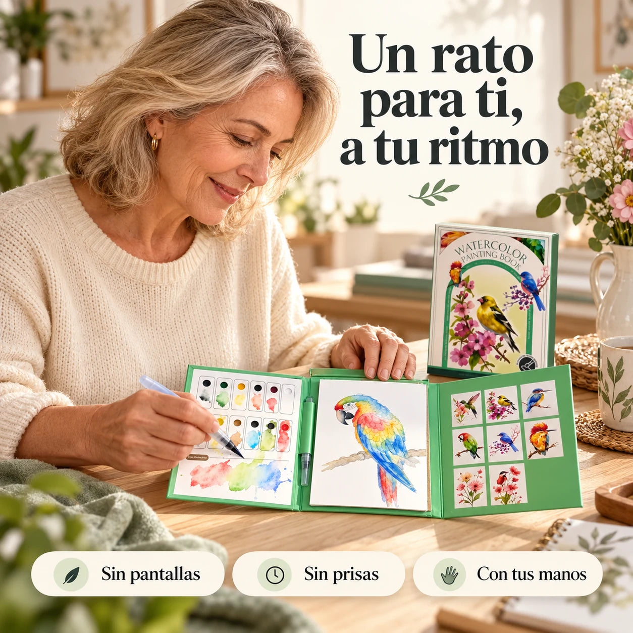 Una mujer disfruta pintando el kit Bobble